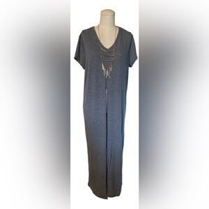 Rouge Collection Plus Size Grey Maxi Dress with Front Slit And Necklace